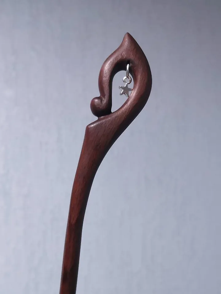 Handmade wooden hairpin made of walnut wood with pendant.