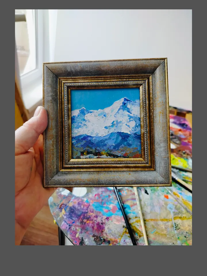Original Oil Painting Mountain Landscape Wall Art Impasto Artwork Painting in Frame Canvas Painting 4 by 4 inches by Natalia