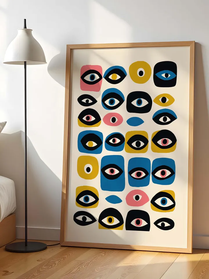 Colorful Eye Wall Poster, Whimsical Abstract Eye Art, Retro Grid Design, Mid Century Digital Print, Home Decor, Instant Download, crayz eyes