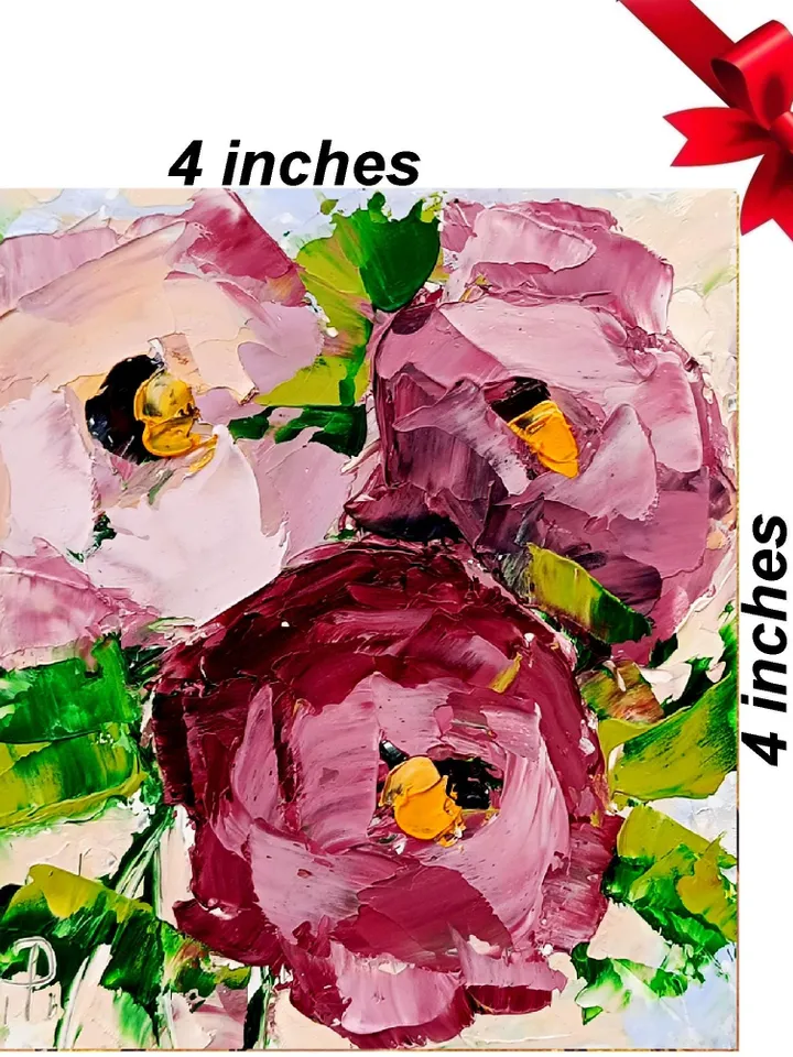 Peony Painting Cornflower Original Art Impasto Oil Painting 4x4 Impasto Peony Wall Art Floral Meadow Painting Field
