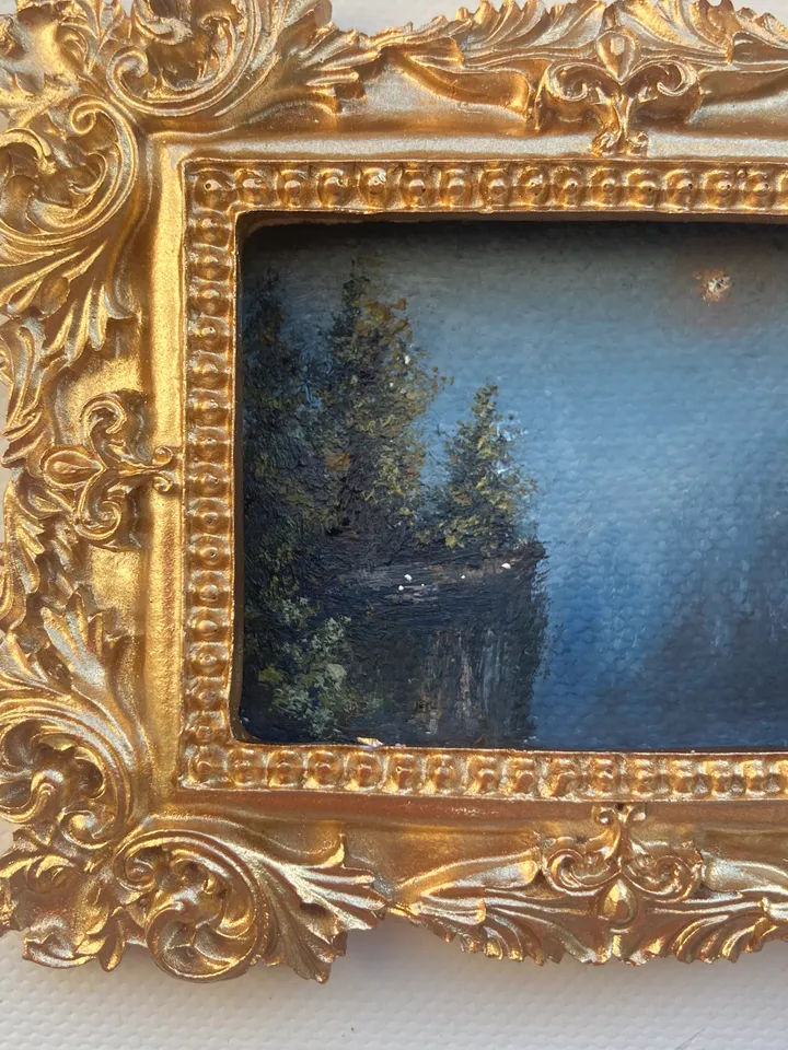 Small Landscape Oil Painting Framed Original Foggy Cliff Painting Antique Misty Art Gold Frame Tiny Paintings 3 x 4 Art
