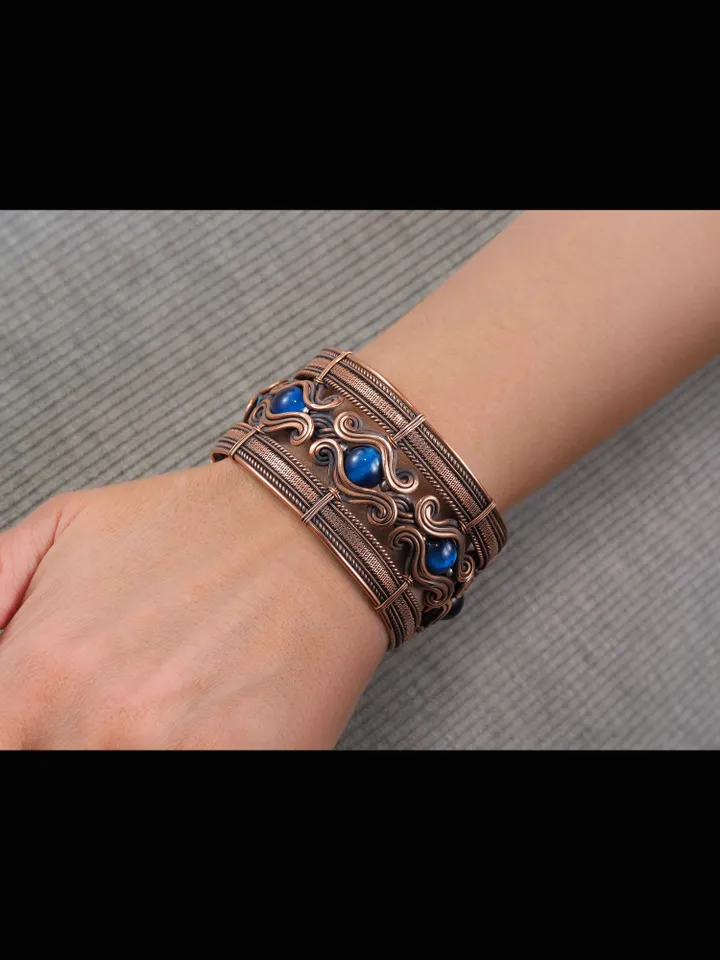 Copper wire bracelet with natural falcon eye, 7th Wedding Anniversary gift