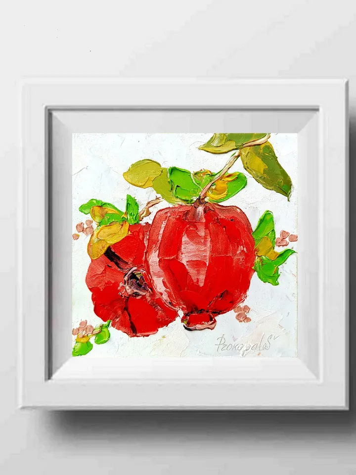 Pomegranate Painting Fruit Original Art Impasto Painting Original Oil Painting Kitchen Wall Art 6 by 6 inches by ArtProkopaloSv