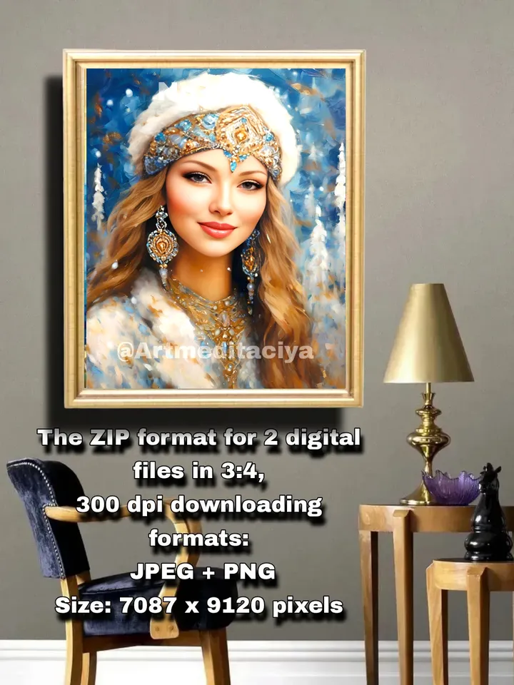 Digital abstract textural painting "Russian Snow Maiden", blonde with blue eyes in a luxurious winter headdress and white fur coat on an abstract background of a winter forest, made in the ethnic style of oil painting with a palette knife