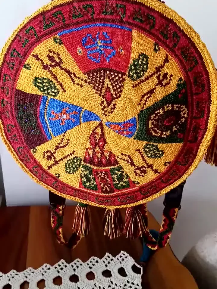 African ornaments bag African tote bag Crochet festival bag Unique crochet bag Art to wear purse Handmade yellow backpack Round crochet bag