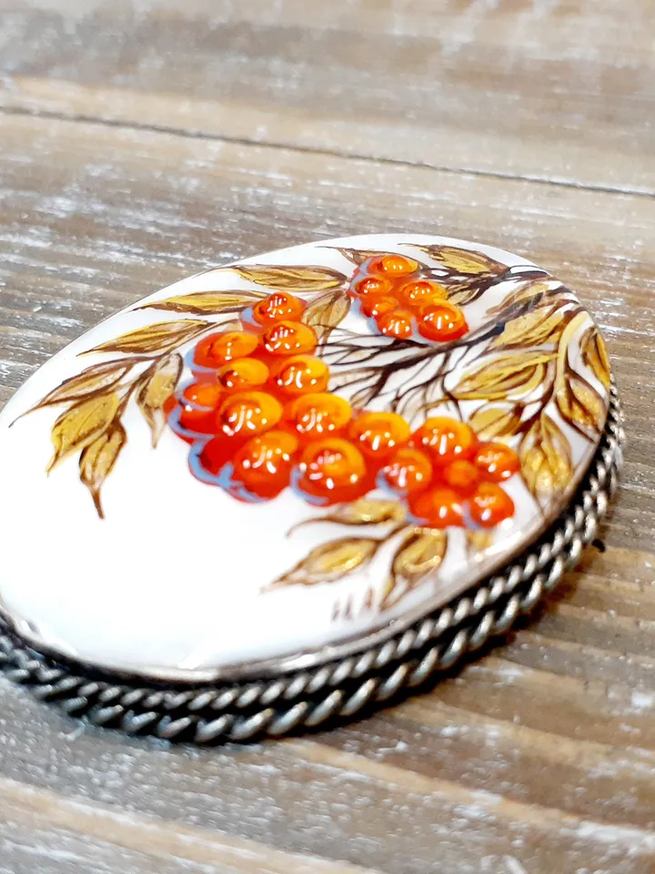 Brooches for women: Bunch of Rowan berries painted on pearl brooch • Orange handmade painted pin • Gorgeous pin for fall season dress