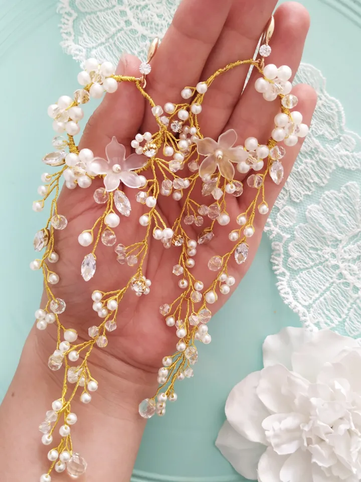 Silver| Gold | Rose Gold Extra Long Floral Boho Wedding Earrings, Statement Bridal Earrings, Chandelier Bride Earrings, Boho Wedding Jewelry