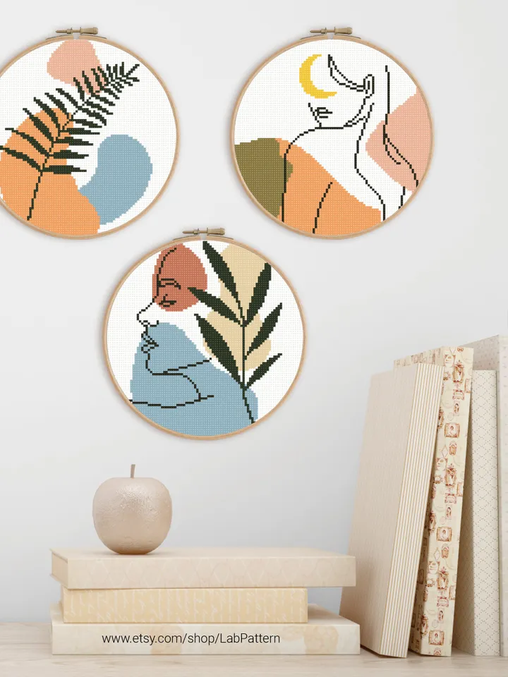 Bundle of 9 Boho Style modern cross stitch woman cross stitch patterns nature home decor beginners embroidery counted gift DIY instant PDF