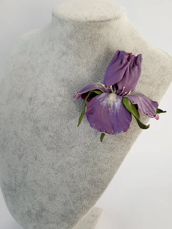 Lilac iris leather brooch for her , 3rd anniversary gift for wife, Leather women's jewelry