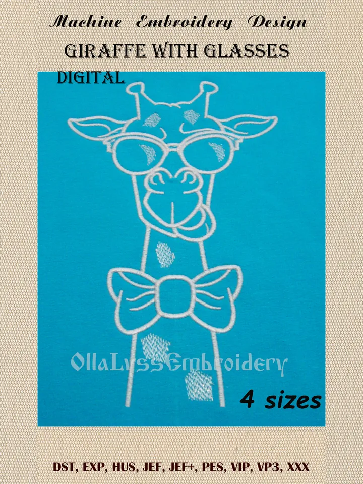 Giraffe with glasses embroidery design