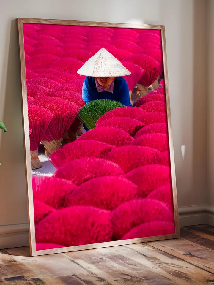 Vietnam Culture Poster | Vibrant Pink Wall Decor | Asian Travel Print | Exotic Home Art | Vietnamese Traditional Life Print | Incense Sticks