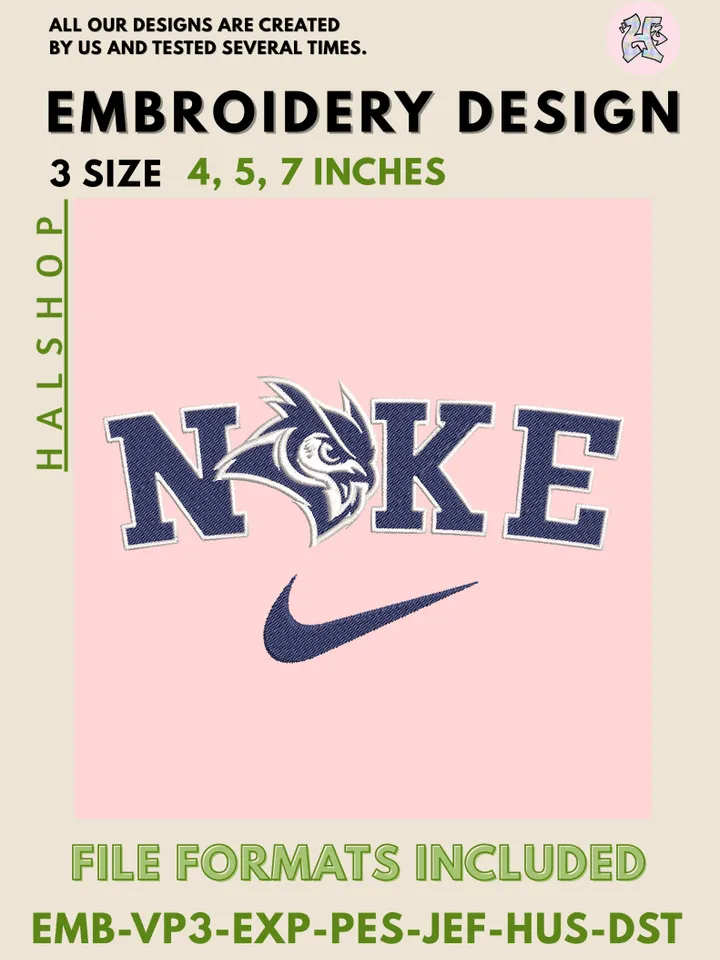 NCAA Rice Owls Nike Logo Embroidery File | Machine Embroidery Design | 3 Sizes, 6 Formats | NCAA Teams