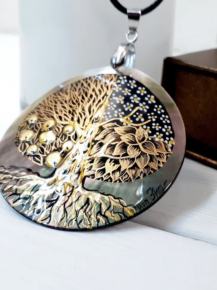 Beautifull Pendant "Tree of life"Mother-of-pearl Hand painted miniature painting magic of painting art jewelry Fedoskino Russian jewelry