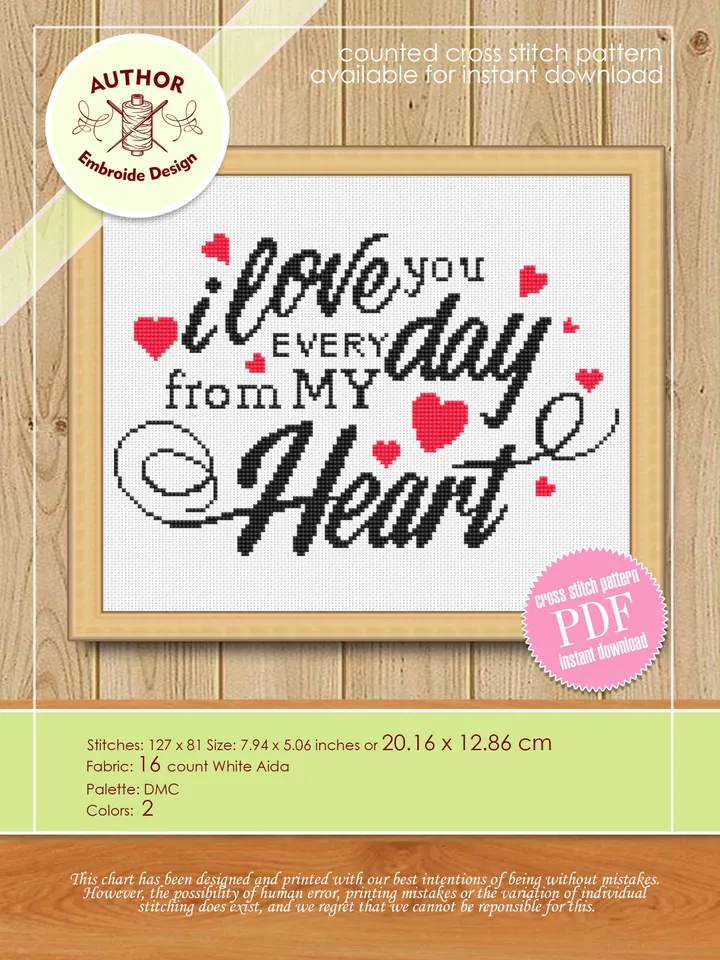 Love quote cross stitch pattern download PDF Love lettering I love you every day cross stitch chart, Valentines day gift Beginner stitch #V4