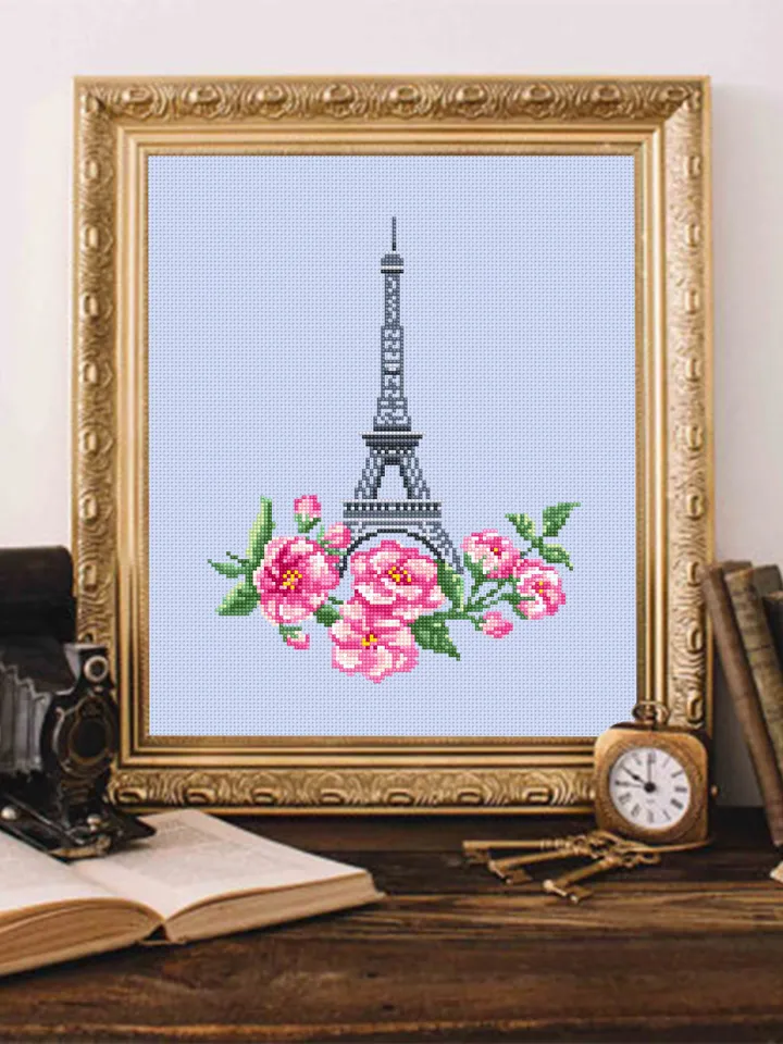 Eiffel Tower cross stitch pattern PDF download Sakura flowers cross stitch Spring beginner stitch Modern France embroidery Paris decor #E3