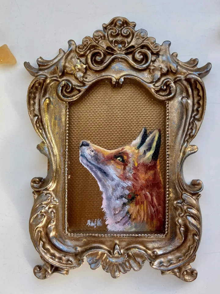 Fox Oil Painting Original In Vintage Style Frame Small Framed Animals Wildlife Art