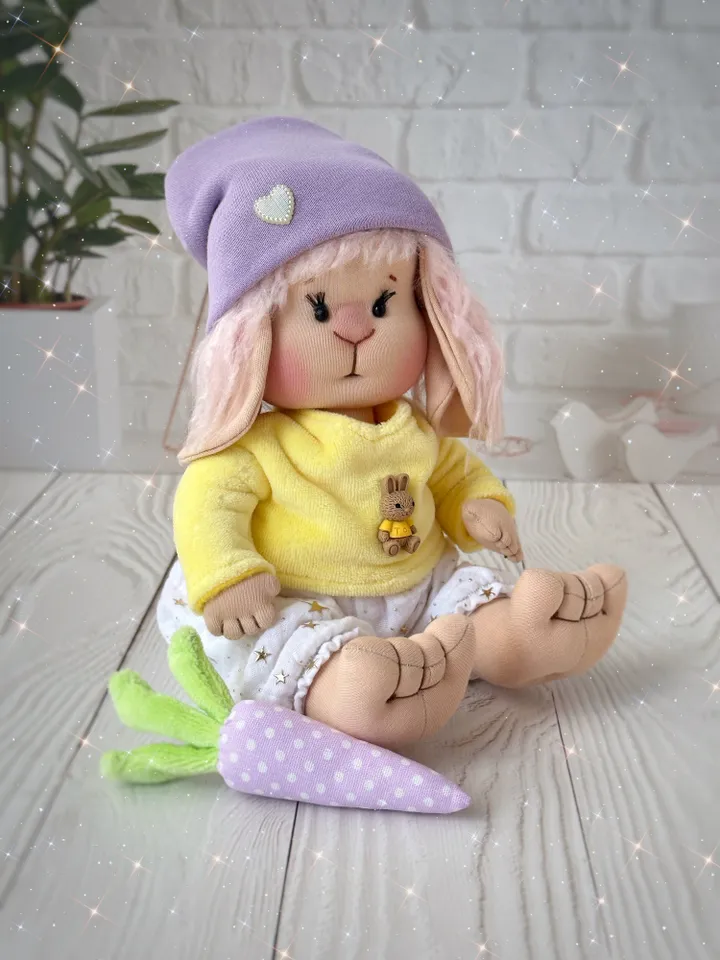 Lovey bunny toy. Handmade cute stuffed rabbit with clothes and carrot. Soft rag bunny doll for Easter gift.