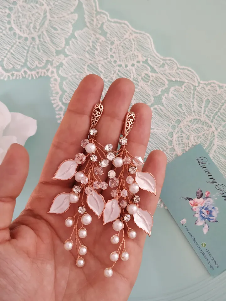 Rose Gold Pearl Boho Wedding Earrings, Leaf Bridal Earrings, Chandelier Statement Earrings, Boho Bridal Earrings, Gold Floral Bride Jewelry