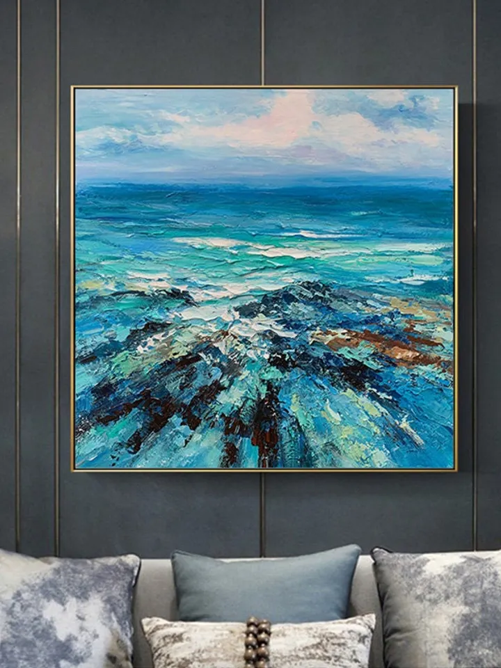 Blue Mediterranean Sea Landscape Oil Painting on Canvas, Abstract Crystal-clear Ocean Acrylic Painting, Large Heavy Textured Wall Art Decor