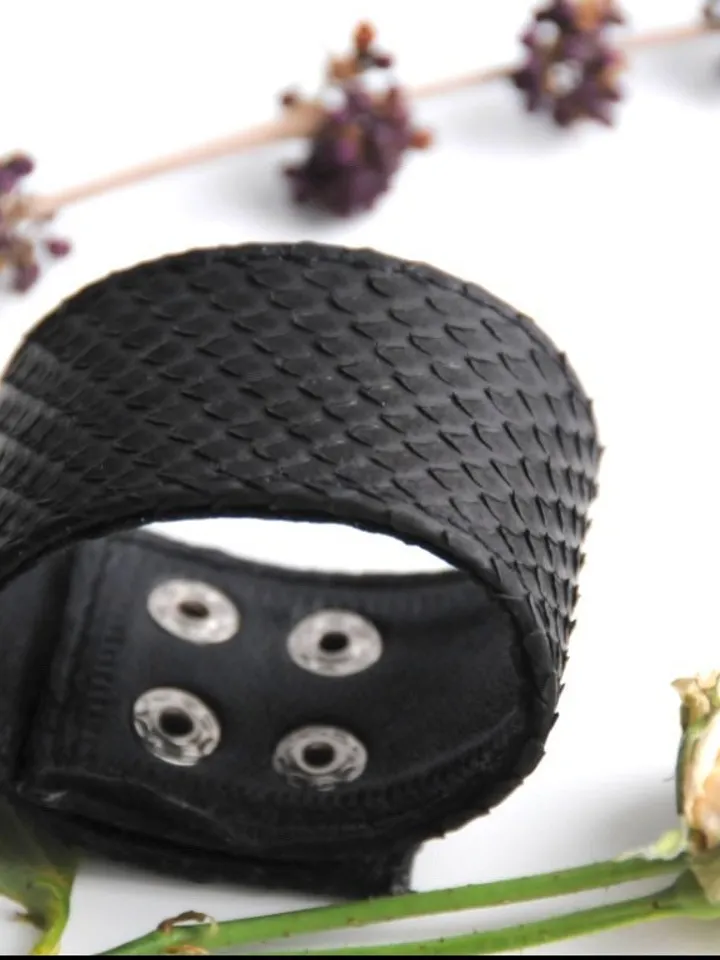 Black Python Skin Bracelet | Grunge Woman Bracelet | Exotic Leather Bracelet | Wide Leather Bracelet | Women Jewerly | Snake Skin Bracelet