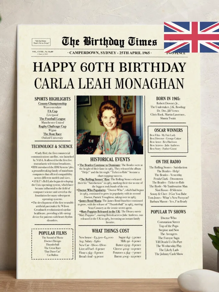 60th Birthday Gift for Men or Women, 1965 UK Newspaper Poster 60th Birthday Sign, 60th Birthday Decoration, 1965 BRITISH Highlights