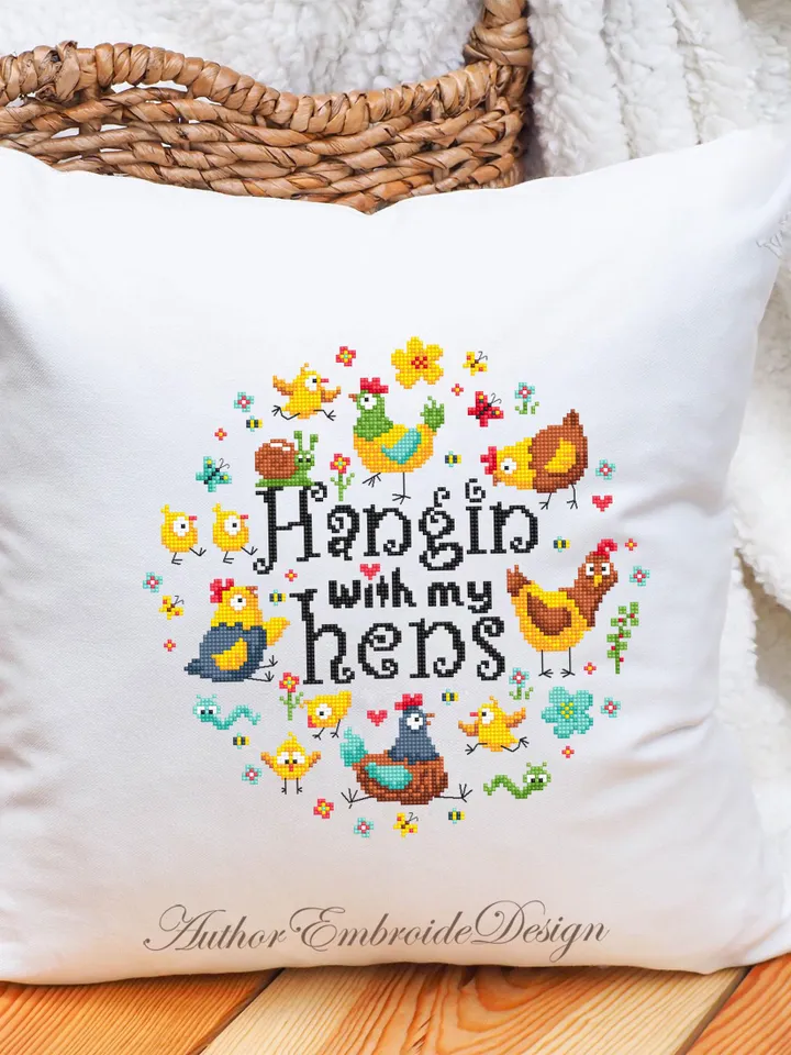 Funny chickens cross stitch pattern PDF instant download Hangin with my hens cross stitch chart, Funny pattern digital PDF for friends #Q64