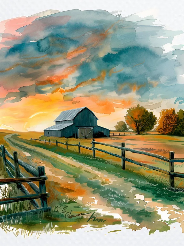 20 Farmyard in Sunrise Clipart, Printable Watercolor Farm landscape clipart for sublimation, High Resolution, junk journal, Paper craft