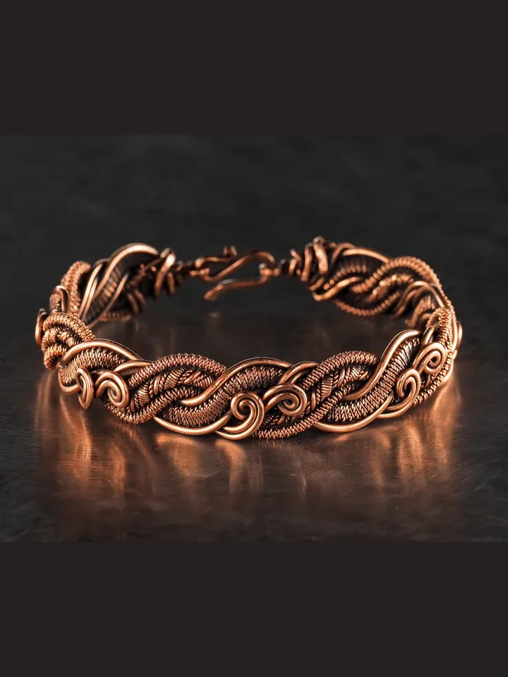 Copper bracelet for woman, Antique style, Handcrafted wire woven copper jewellery, One of kind braided statement bangle, Handmade oxidized pure copper jewelry, Pain relief, EMF protection