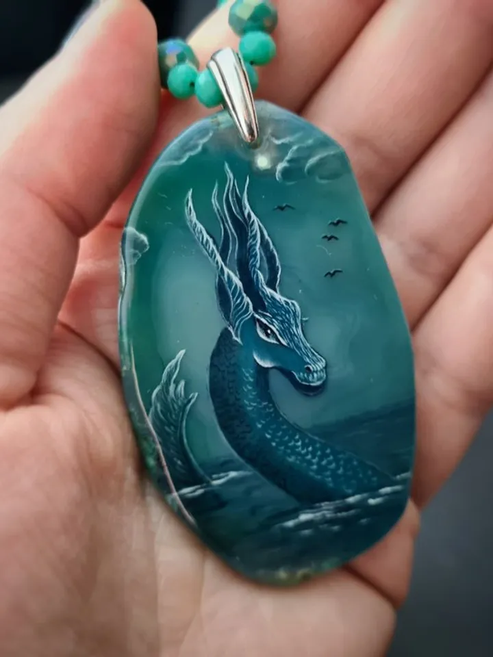 Dragon necklace Painting Dragon on Agate Stone charm Christmas Gift Wrapping
