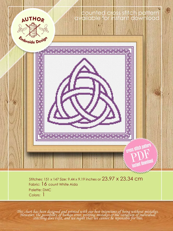 Celtic trinity knot cross stitch pattern download PDF, Mandala pattern digital PDF, Monochrome cross stitch, Celtic knot embroidery PDF #M64