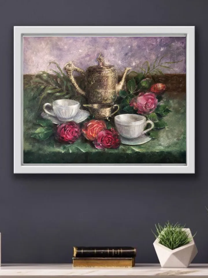 Still life Painting Original Oil Floral Still life Teacup Painting Breakfast Painting
