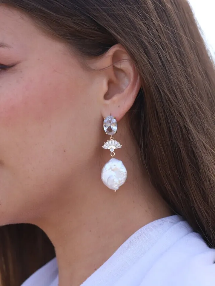 Big Baroque Pearl Art Deco Wedding Earrings, Gatsby Gold Bridal Earrings, Boho Wedding Earrings, Swarovski Statement Jewelry, 1920s Jewelry
