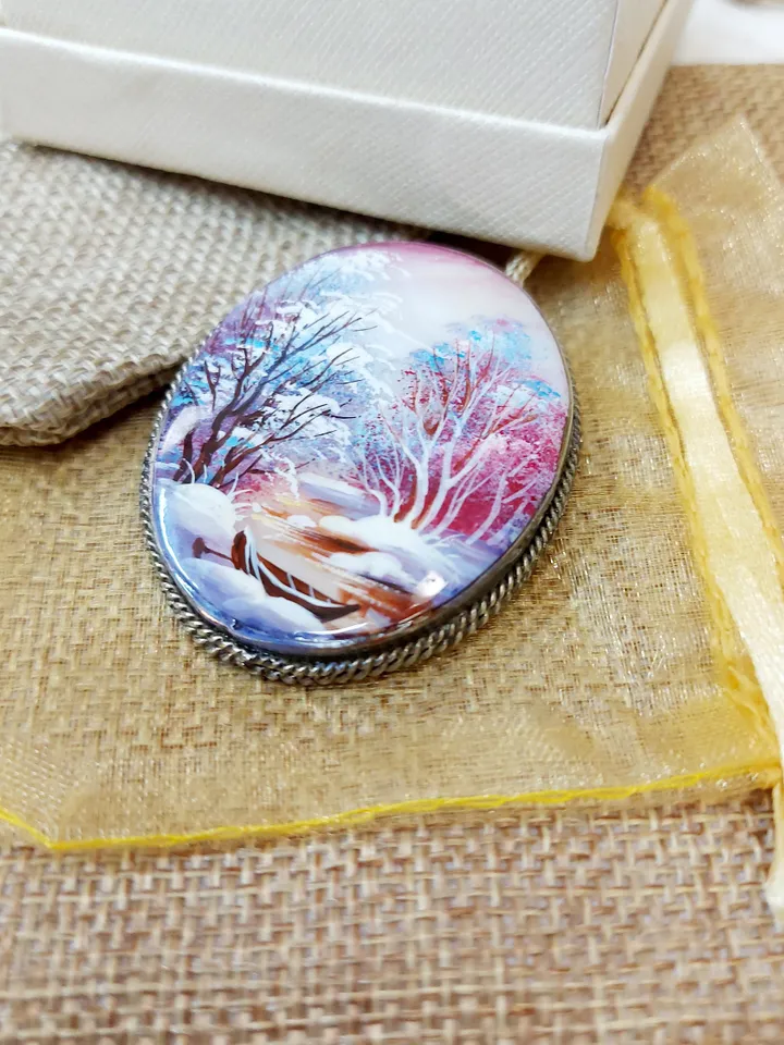 Brooches for women: river and charming little boat in a snow-covered forest on pearl brooch • purple dainty handmade jewelry • Aesthetic pin