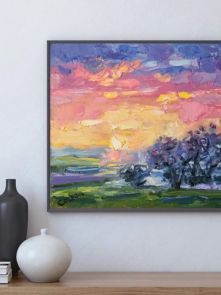 Landscape Original Painting Impressionism Art Trees Sky Sunset Artwork
