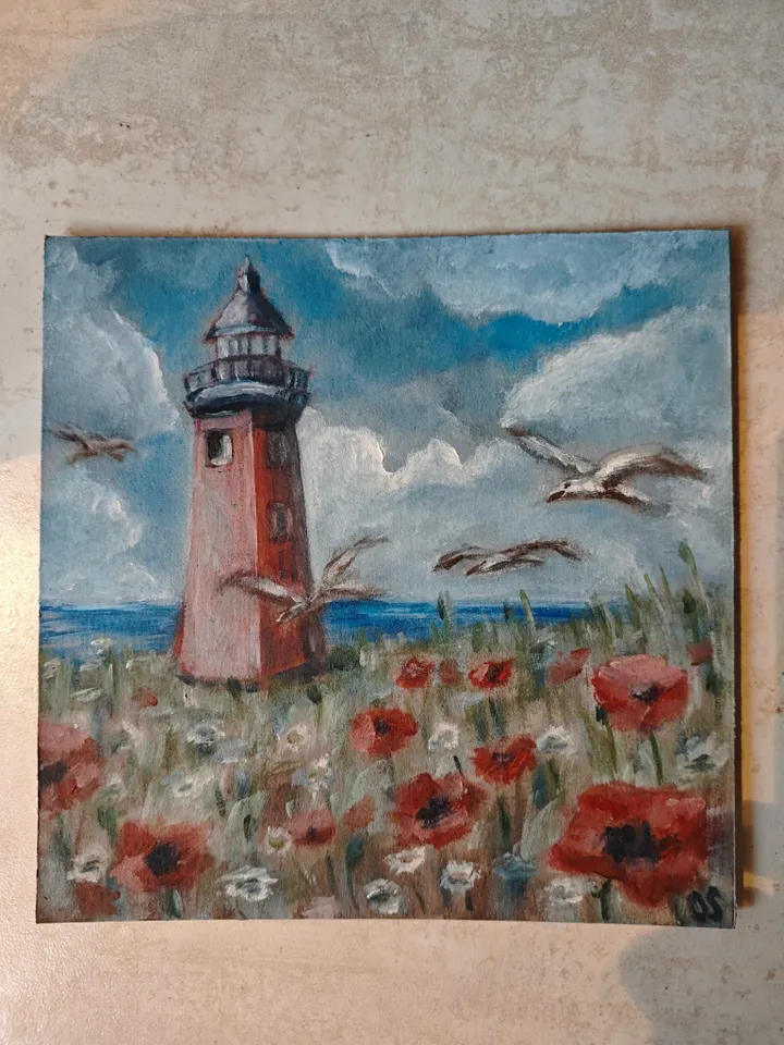 Lighthouse Landscape Original Painting Old Lighthouse Sea Coast Original Art Lighthouse Sea Modern Artwork Old Lighthouse Seascape Wall Decor 8x8 inches by OlgaSokolovaArt