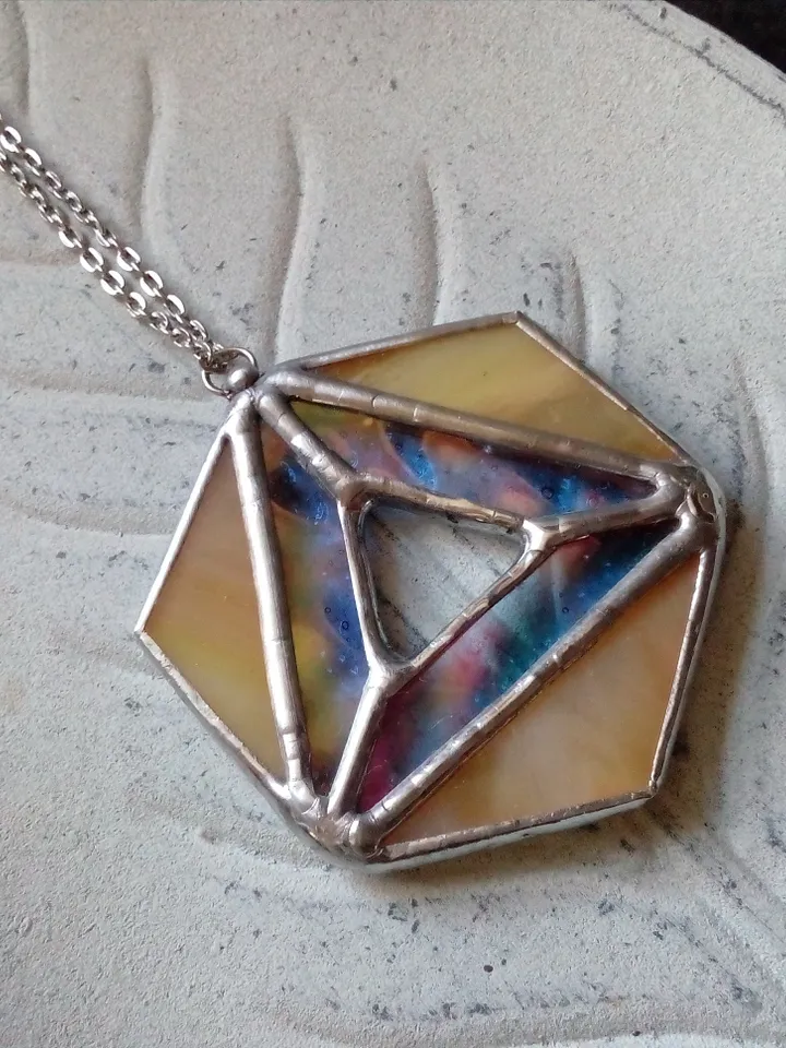 Iridescent stained glass, geometric pendant, Hexagon dichroic necklace, Stained glass cute necklace, Sacred geometry
