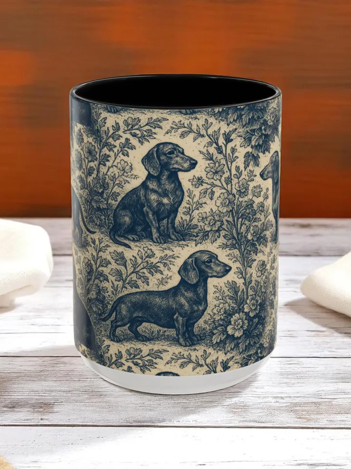 Dachshund French Toile de Jouy Ceramic Mug, Toile Coffee Cup for Doxie Mom, Sausage Dog Lover Gifts, Dog Tea Drinkware, Gift For Dog Lovers