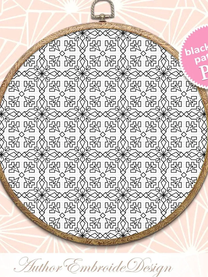 Geometric blackwork pattern PDF Monochrome backstitch repeating pattern embroidery, Blackwork embroidery download PDF Seamless ornament #W18