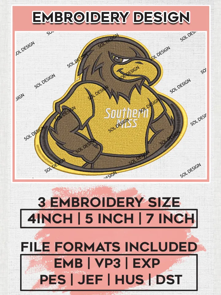 Southern Miss Golden Eagles College Football Team Mascot Logo Embroidery Design Files, NCAA Southern Miss Golden Eagles Machine Embroidery, NCAA Teams, Game Day, 3 sizes, NCAA Machine embroidery designs, Digital Download
