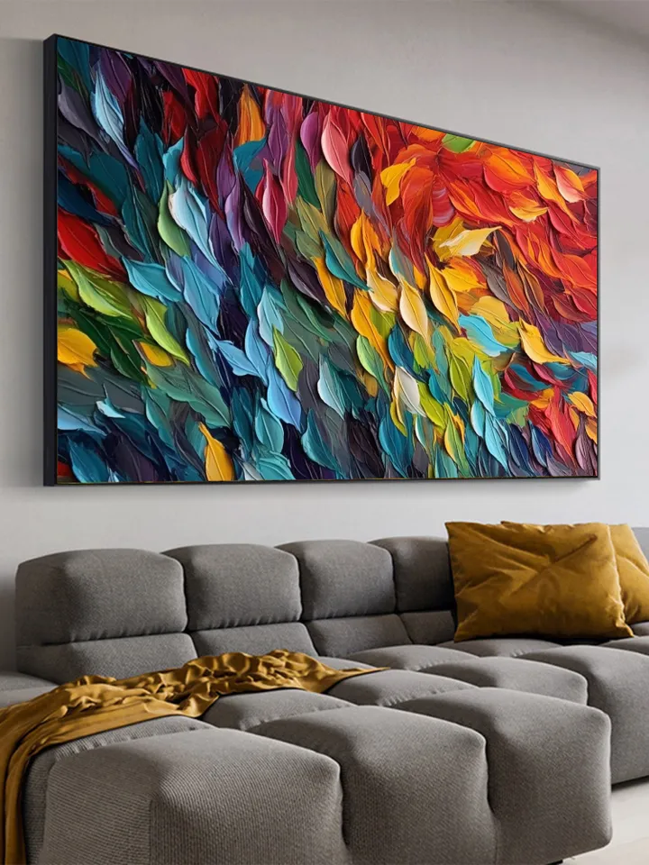 Original Colorful Feathers Oil Painting On Canvas, Large Wall Art, Abstract Colorful Painting, Custom Painting, Living room Home Wall Decor