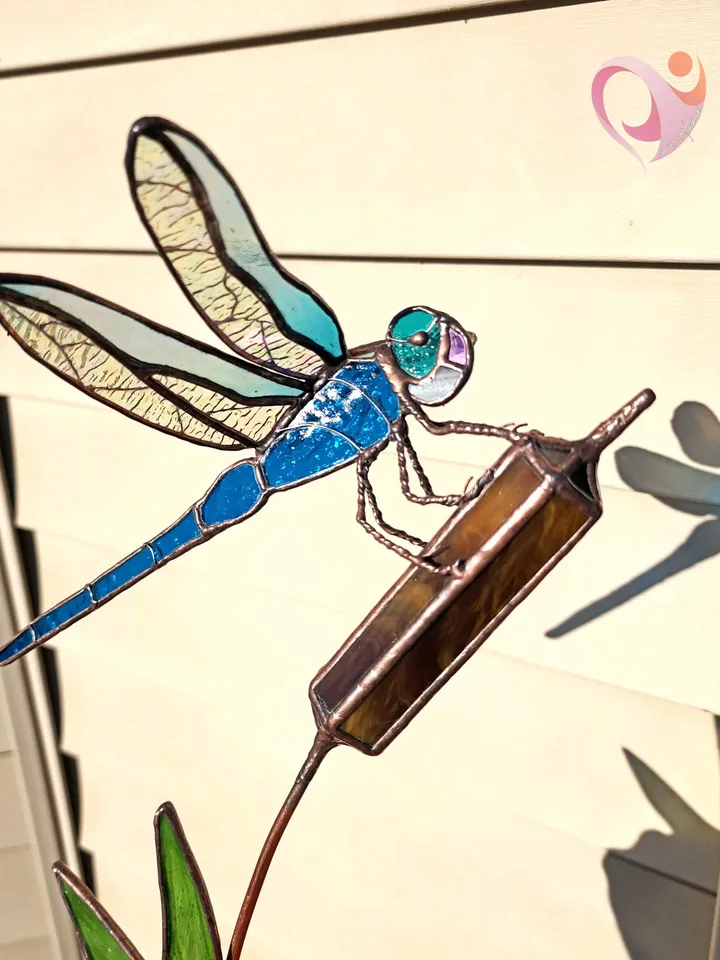 3D Stained Glass Dragonfly Mounted on Cattail Tabletop Sculpture Unique Luxury Gift Realistic Glassworks Antique Feel Contemporary Folk Art