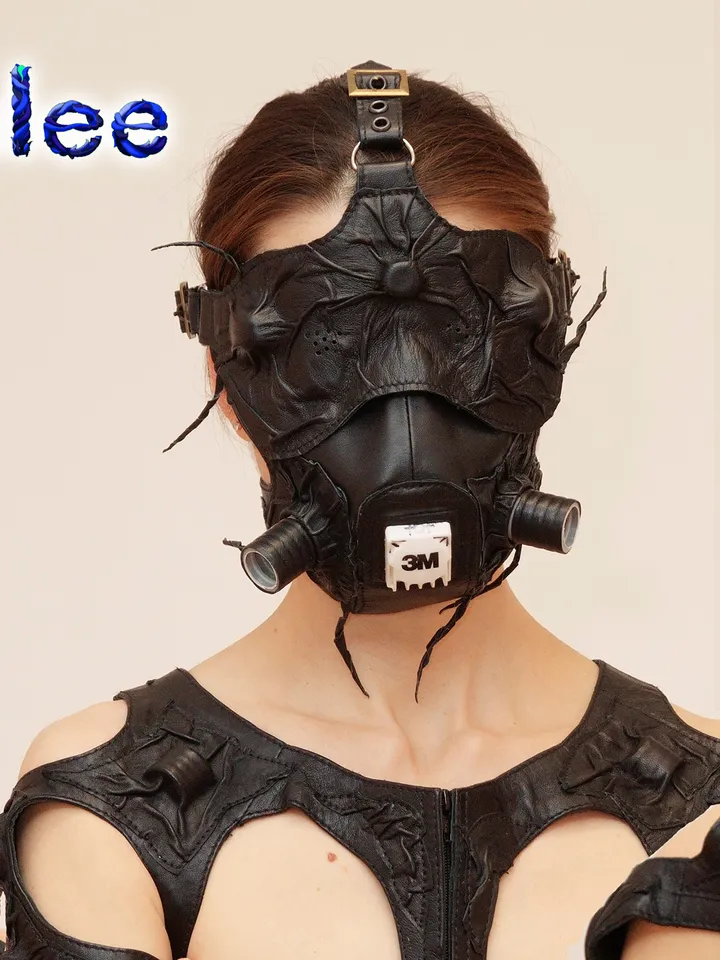 Women's stylish genuine leather suit jacket bolero corset shorts suspenders collar mask "Shiva". Leather costume.