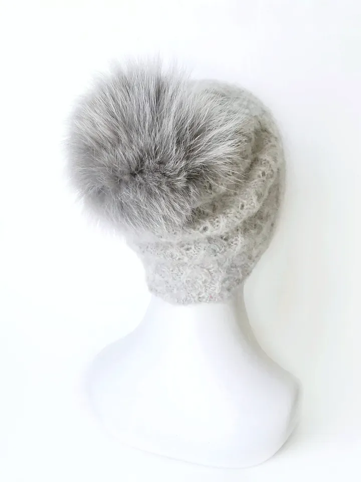 Hand-Knit Mohair Women's Hat in Light Grey with Pom Pom - Unique Winter Accessory. Cozy Handcrafted Women's Beanie. FREE SHIPPING!