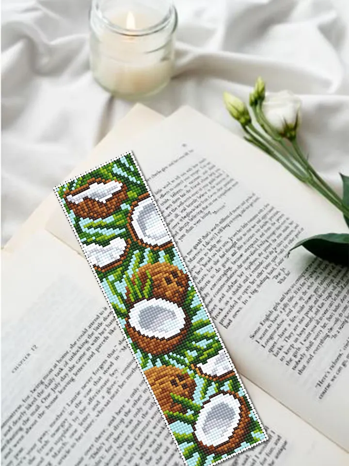 Exotic fruit bookmark set cross stitch pattern download PDF Summer fruit cross stitch chart, Modern handmade bookmark, Coconut, Banana #B157