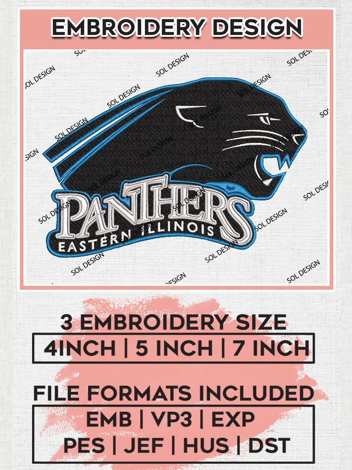 Eastern Illinois Panthers Team Logo Embroidery Design Files, NCAA Eastern Illinois Panthers Machine Embroidery, NCAA Teams, 3 sizes, NCAA Machine embroidery designs, Digital Download