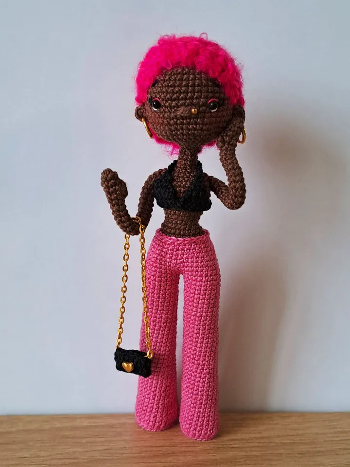 Pattern Black doll in pink. pattern Crochet african doll. afro american doll. crochet dark skin doll