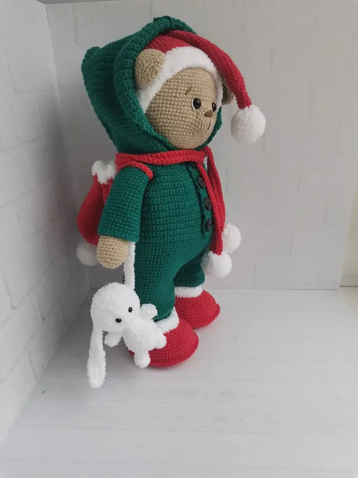 Christmas Teddy Bear crocheted in clothes, Christmas gift, interior toy
