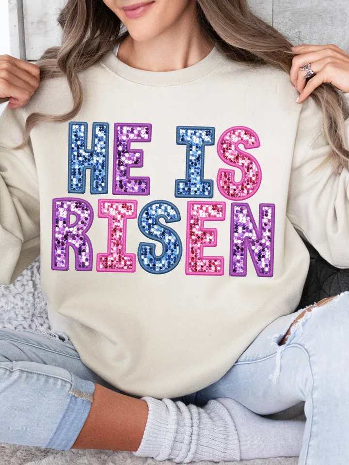 He is Risen PNG, Trendy Easter,Embroidery Sparkly,Faux Sequins Easter christian png, bible verse png, christian easter png,  glitter png