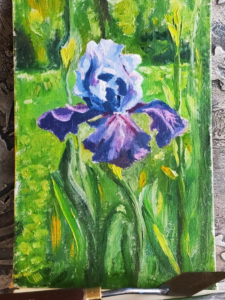 Iris in the garden flowers miniature oil painting realism
