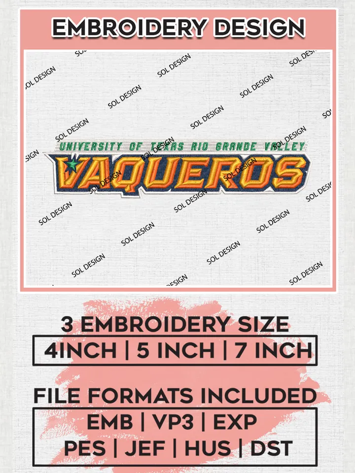 NCAA UT Rio Grande Valley Vaqueros Team Writing Logo Embroidery Design Files, NCAA UT Rio Grande Valley Vaqueros Machine Embroidery, NCAA Teams, Game Day, 3 sizes, NCAA Machine embroidery designs, Digital Download